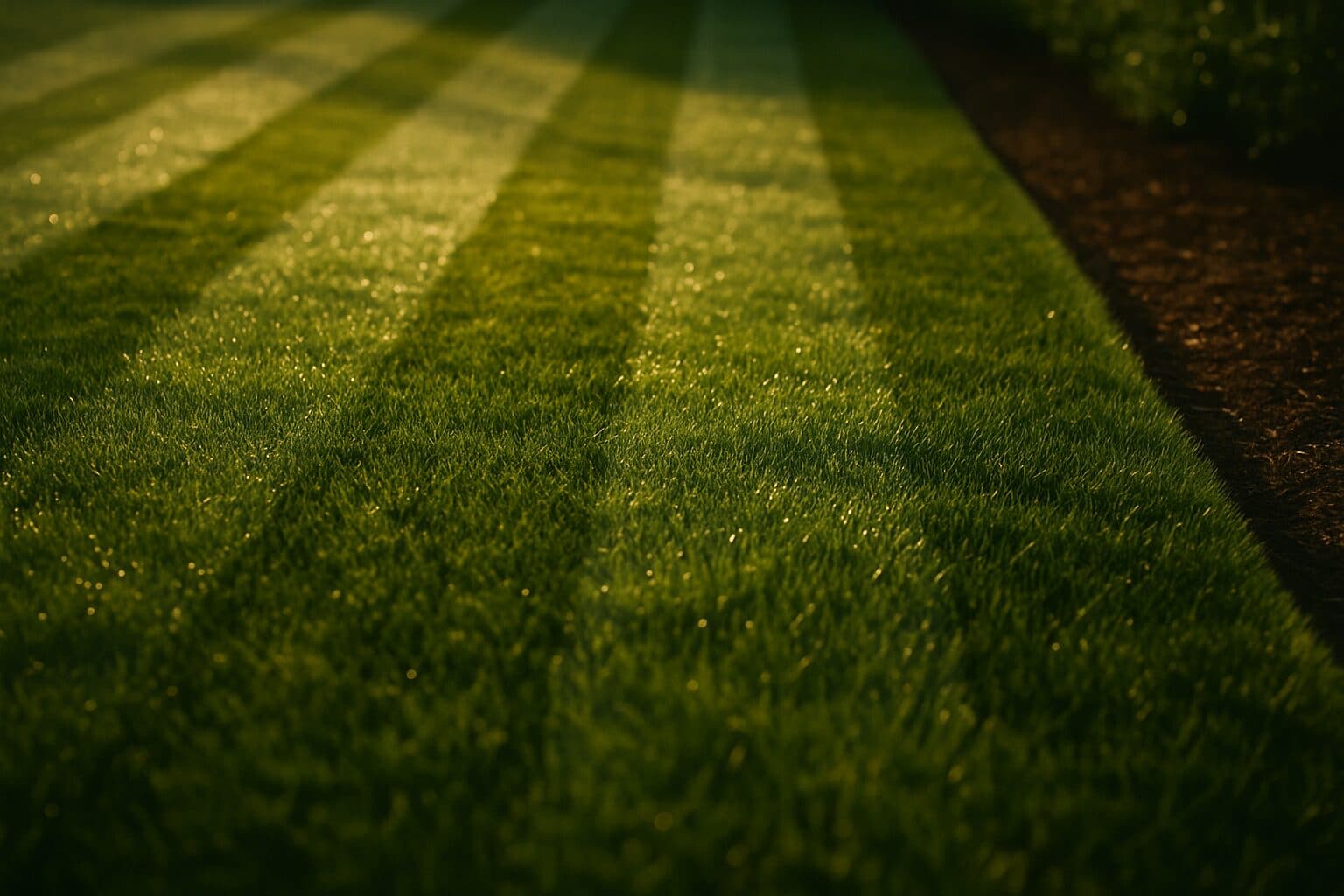 Freshly mowed suburban lawn with crisp mowing stripes catching early-morning sun on a North Shore, MA property