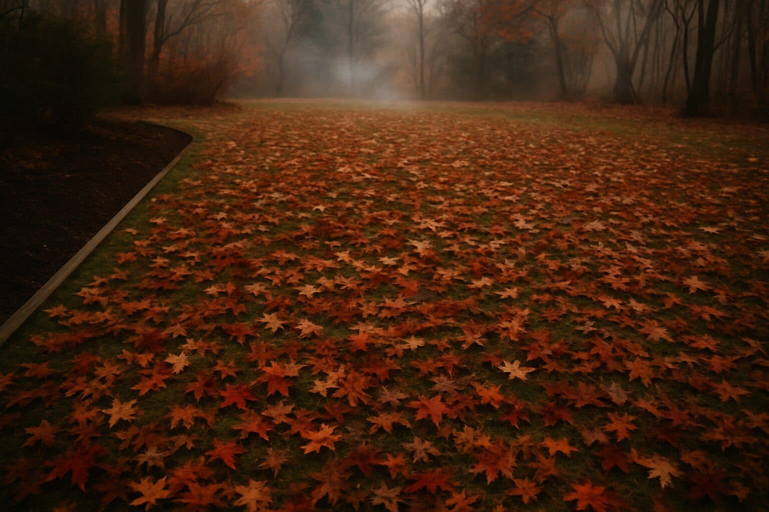 North Shore, MA backyard covered in late-November leaves showing why fall cleanup pricing varies by property