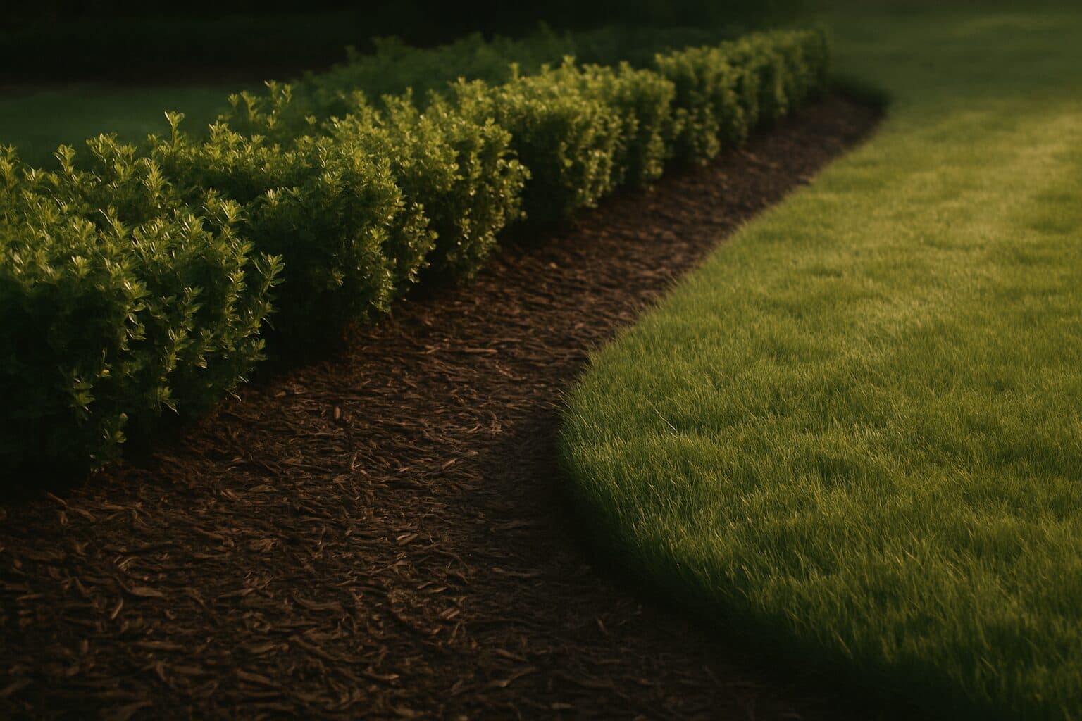 Edged garden bed meeting a striped lawn — the subject of many homeowner questions