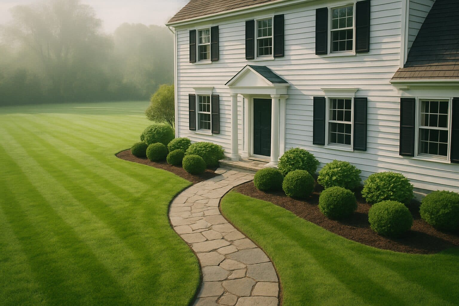 Well-maintained New England colonial home with striped lawn, clean mulch beds, and flagstone walkway — the result of a reliable landscaper